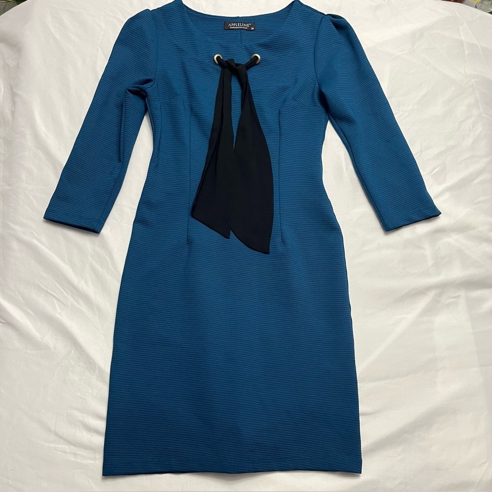 Appleline Ribbed Sheath Dress Tie-Neck Bodycon Blue S 4